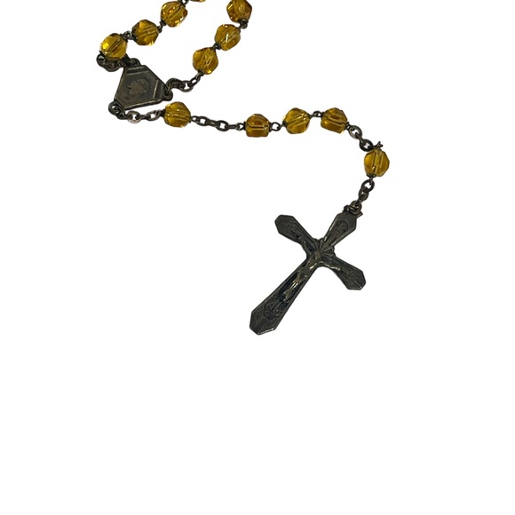 Vintage Amber glass bead crystal Crucifix necklace Catholic Rosalry religious - Picture 2 of 14